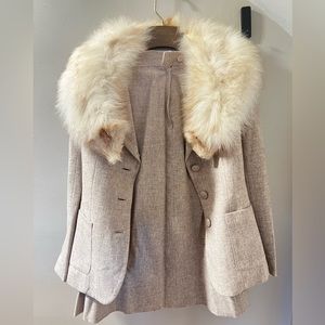 two piece wool skirt suit with fox fur lining